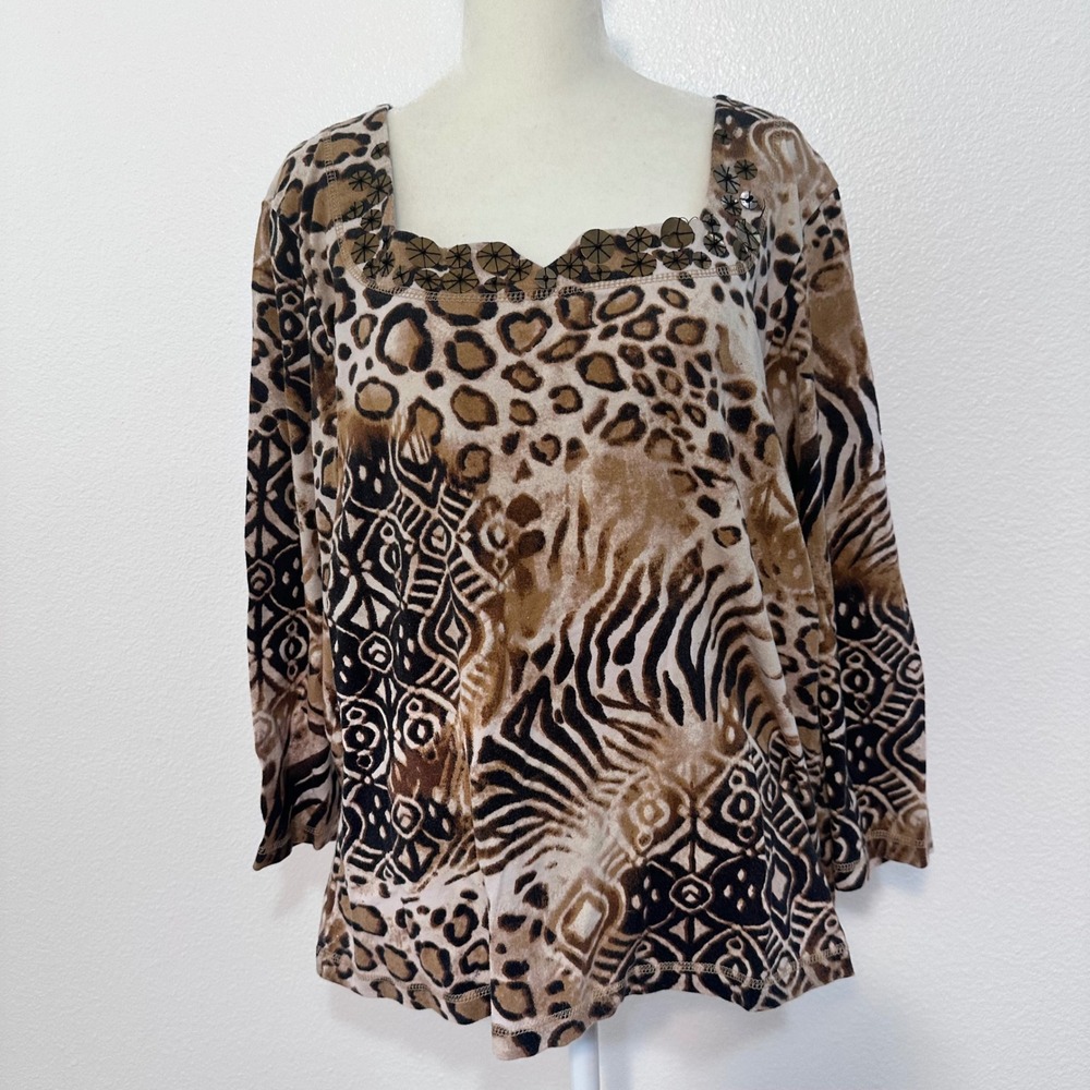 Boho Eclectic Animal Print Embellished Vacation Top Women XL Brown